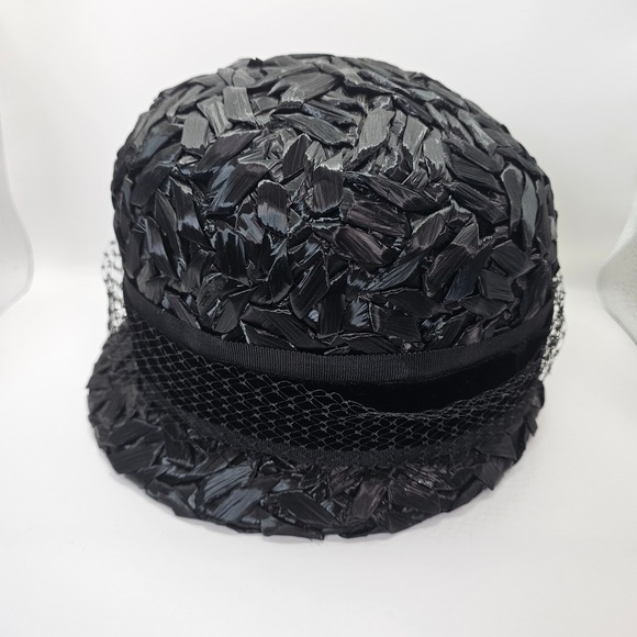 Vintage 60s Black Raffia Pillbox Hat ILGWU Jackie O Mod Cocktail‎ Mad Men main image 4